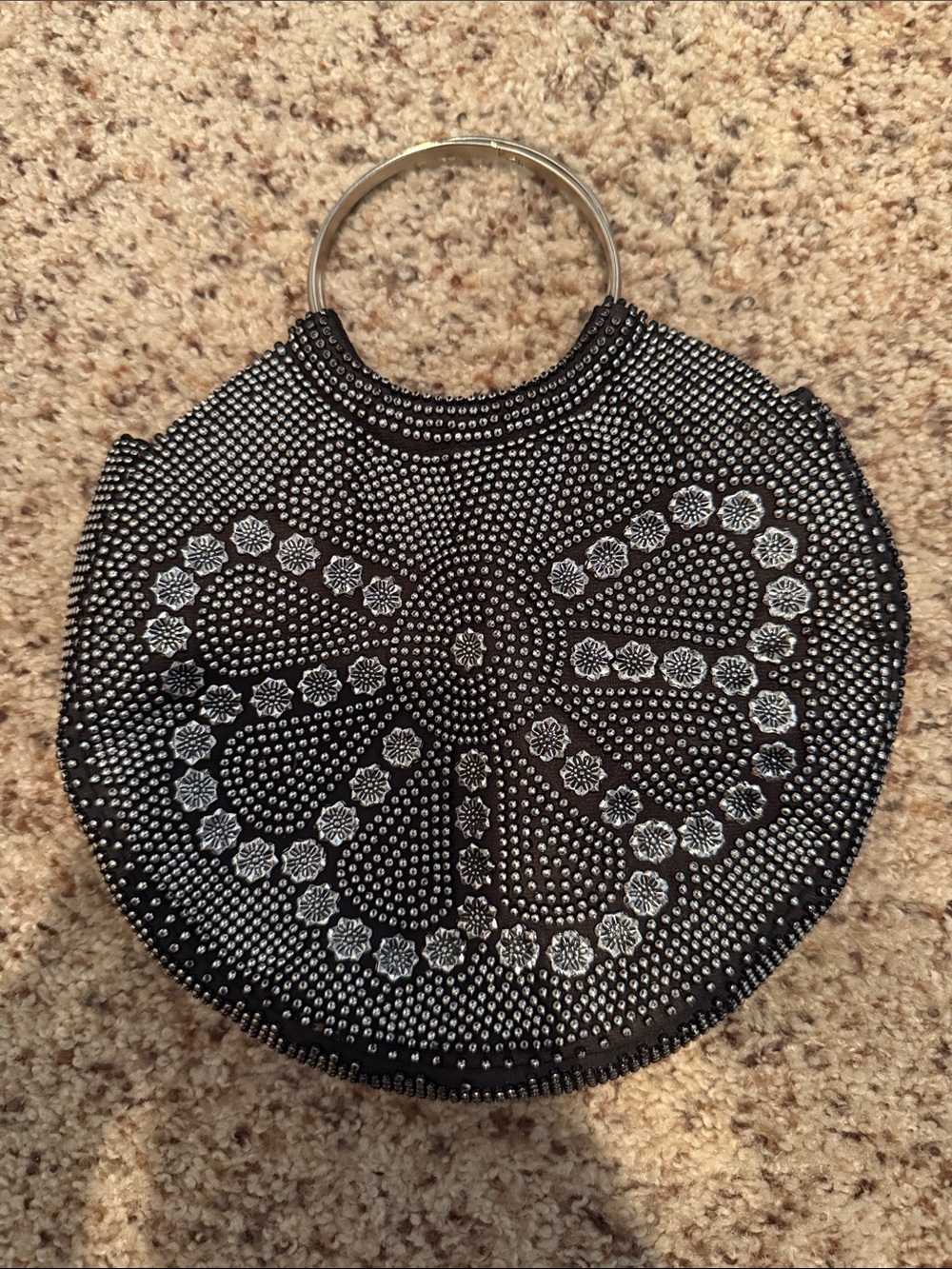 Vintage Made in Hong Kong Studded Black Round Handbag with Silver Accents